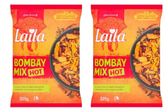 Laila Bombay Mix Hot, Spicy Snack with Split Chickpeas, Peanuts and Crispy Noodles, Pack of 2