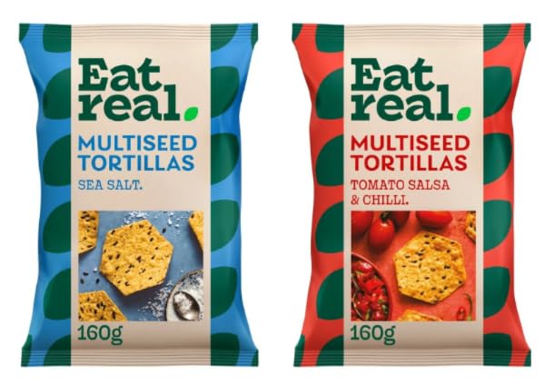 Eat real. Multiseed Tortillas, Sea Salt & Tomato Salsa and Chilli Flavours, 160g