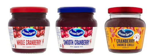 Ocean Spray Cranberry Sauce Variety, Whole Cranberry, Smooth Cranberry, and Smoked Chilli
