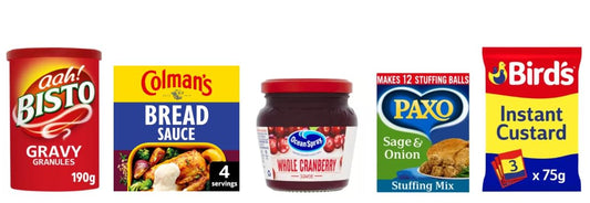 British Christmas Bundle - Bisto Gravy Granules, Colman's Bread Sauce, Ocean Spray Cranberry Sauce, Paxo Stuffing Mix, Bird's Custard, 5 Items