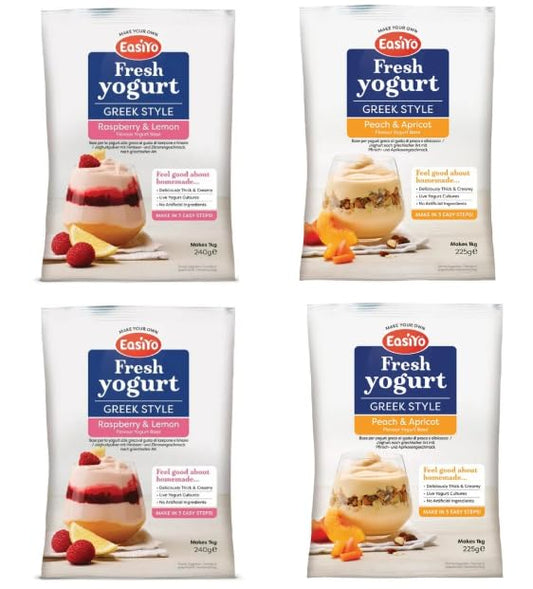 EasiYo Greek Style Fresh Yogurt, Raspberry & Lemon and Peach & Apricot Flavours, Makes 1kg