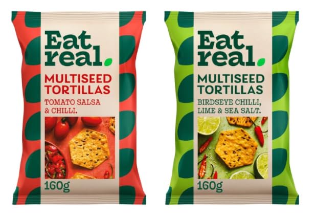 Eat real. Multiseed Tortillas, Tomato Salsa & Chilli and Birdseye Chilli, Lime & Sea Salt, 160g