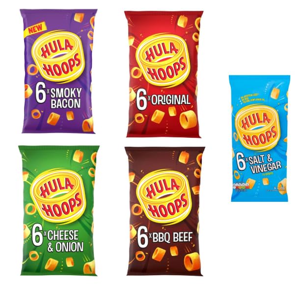 Hula Hoops Multipack Crisps, 5 Flavours, Smoky Bacon, Original, Cheese & Onion, BBQ Beef, Salt & Vinegar.