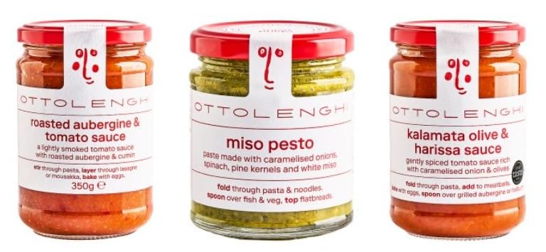 Ottolenghi Sauce & Pesto Variety Set, Roasted Aubergine & Tomato, Miso Pesto, Kalamata Olive & Harissa, 3 Jars