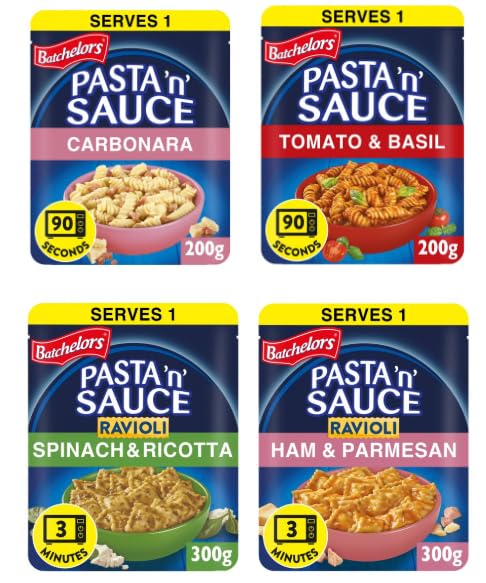 Batchelors Pasta 'n' Sauce Variety Pack, Carbonara, Tomato & Basil, Spinach & Ricotta, Ham & Parmesan, 4 Flavours