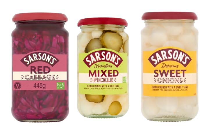 Sarson's Pickled Variety Bundle, Red Cabbage, Marvellous Mixed Pickle, Delicious Sweet Onions