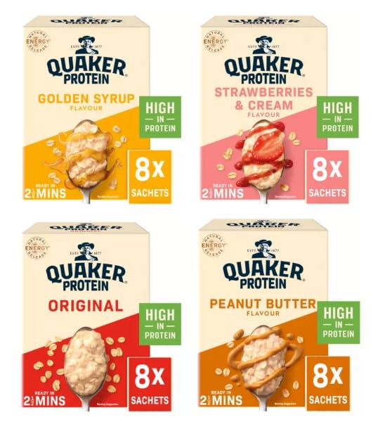 Quaker Protein Porridge Oats Sachets, High in Protein, 4 Flavours (Pack of 4)