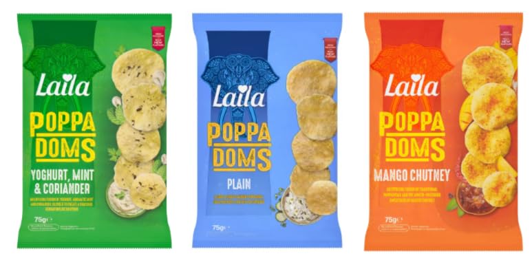 Laila Poppadoms, Plain, Yoghurt Mint & Coriander, Mango Chutney Flavours, 75g