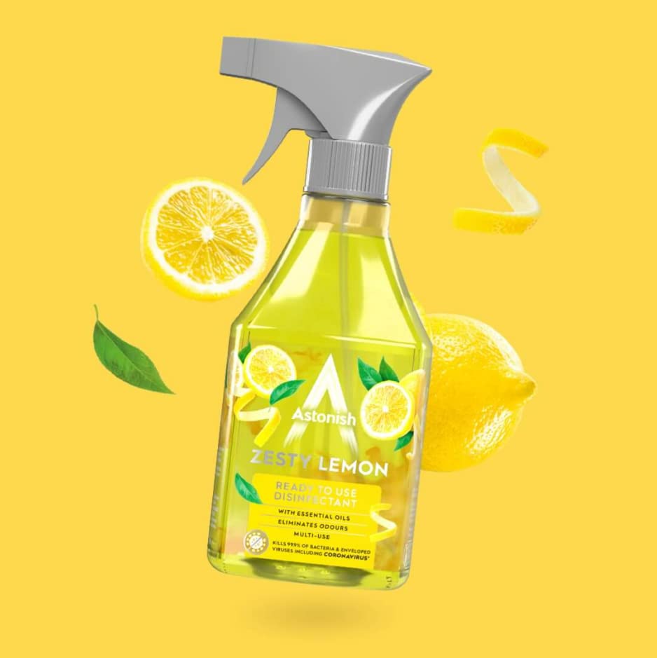 Astonish Vegan Disinfectant Spray, Ready to Use, Virus and Germ Killing, 550ml, Zesty Lemon,Yellow
