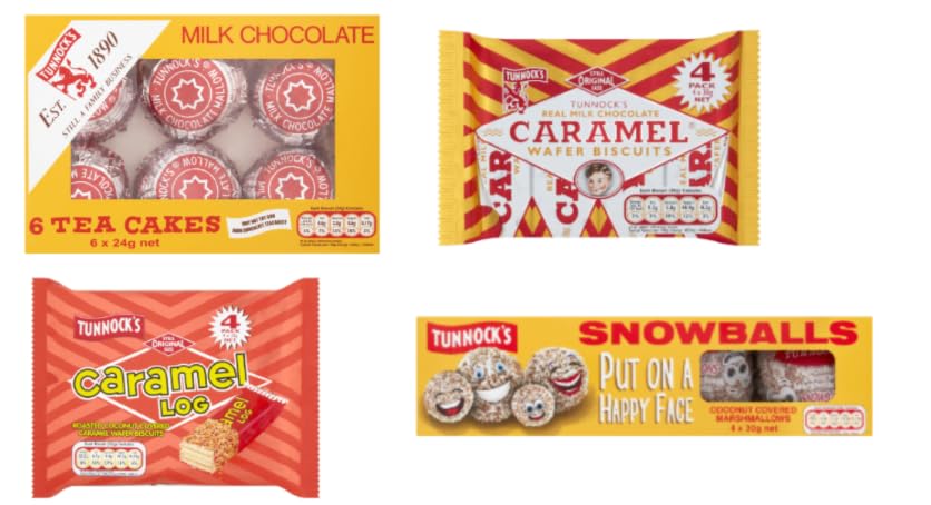 Tunnock's Variety Bundle, Milk Chocolate Tea Cakes, Caramel Wafer Biscuits, Caramel Log, Snowballs