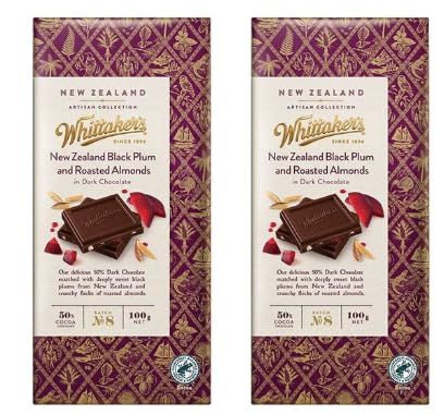 Whittakers New Zealand Black Plum and Roasted Almonds in Dark Chocolate, 50% Cocoa, 100g, Pack of 2