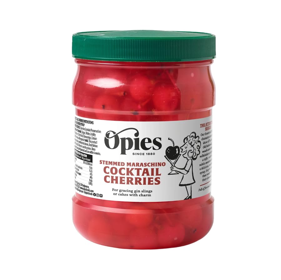 Opies Stemmed Maraschino Cocktail Cherries 1.15 kg – Premium Bright Red Cocktail & Garnish Cherries in Flavoured Maraschino Syrup