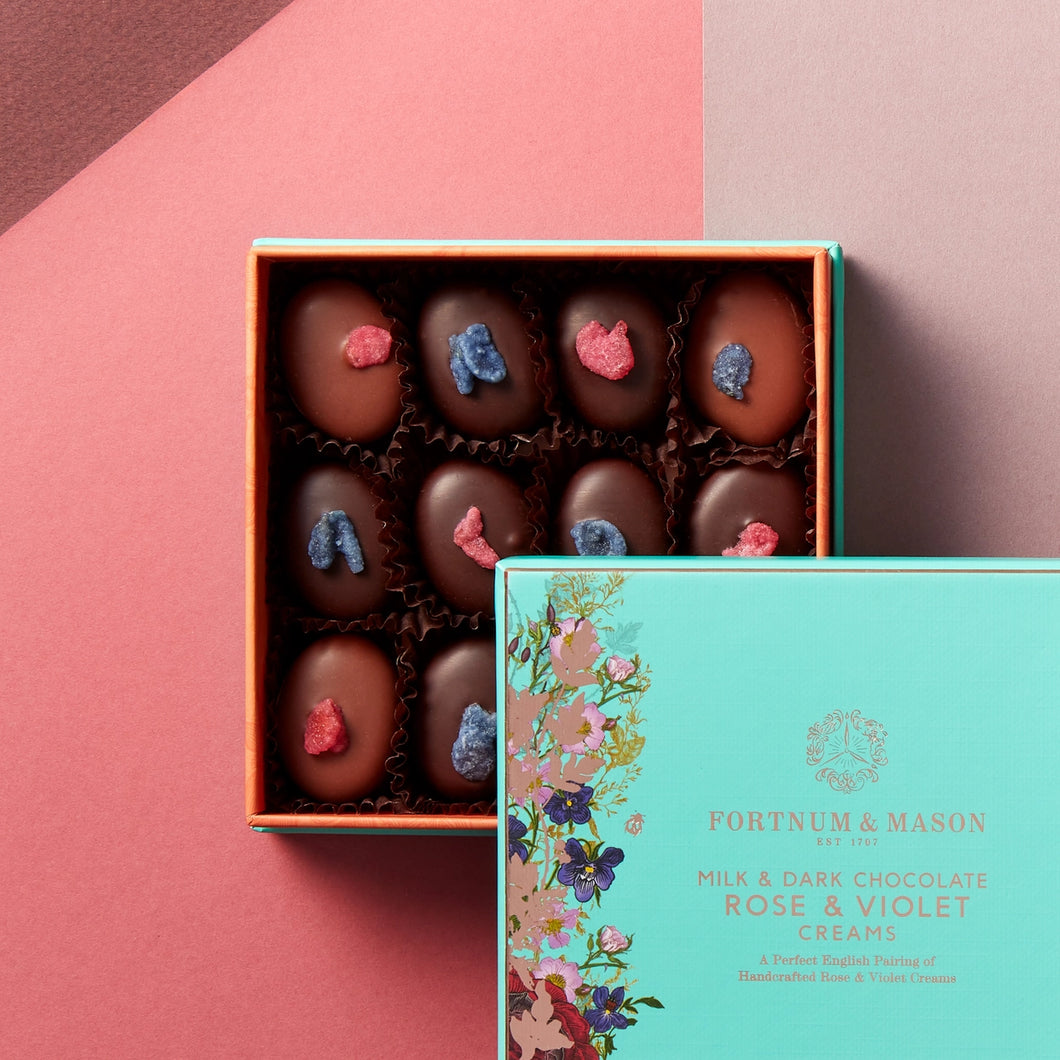Fortnum & Mason Milk & Dark Chocolate Rose & Violet Creams, 120g