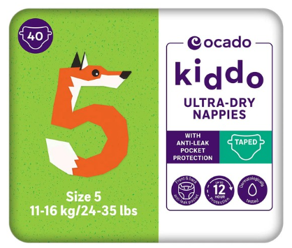 Ocado Kiddo Ultra-Dry Nappies Size 5, 40 per pack