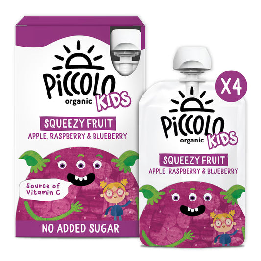 Piccolo Organic Squeezy Fruit Apple Raspberry & Blueberry, 4x90g