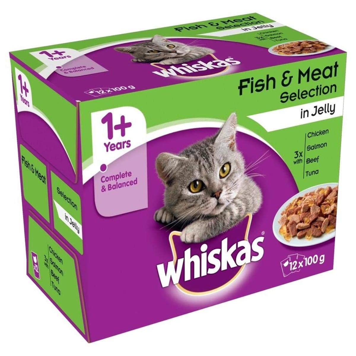 Whiskas Adult 1+ Wet Cat Food Pouches with Fish and Meat in Jelly, 12 x 100g