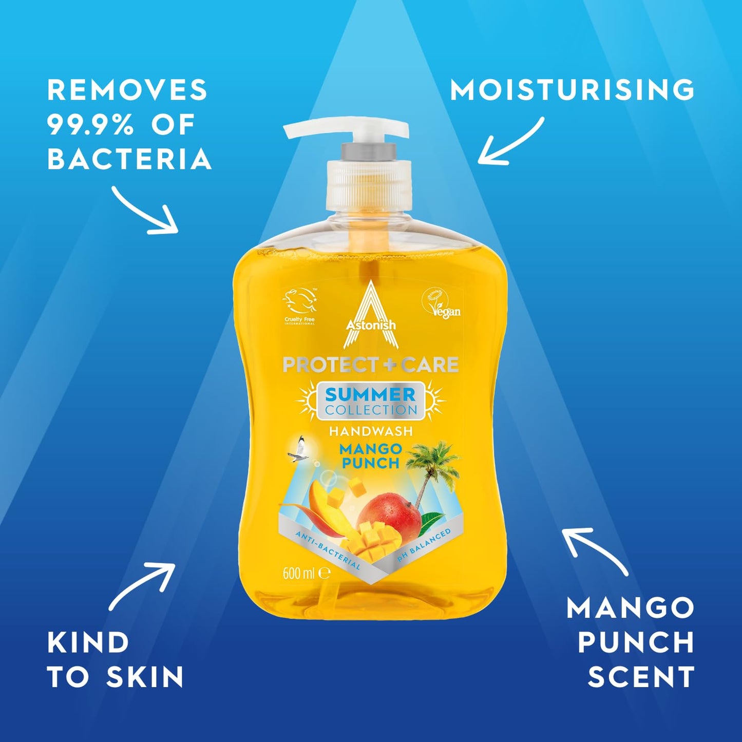 Astonish Protect & Care Anti-Bacterial Hand Wash - Moisturising and Kind to Skin Soap - Vegan and Cruelty Free - Mango Punch Summer Collection - Multipack 3 x 600ml
