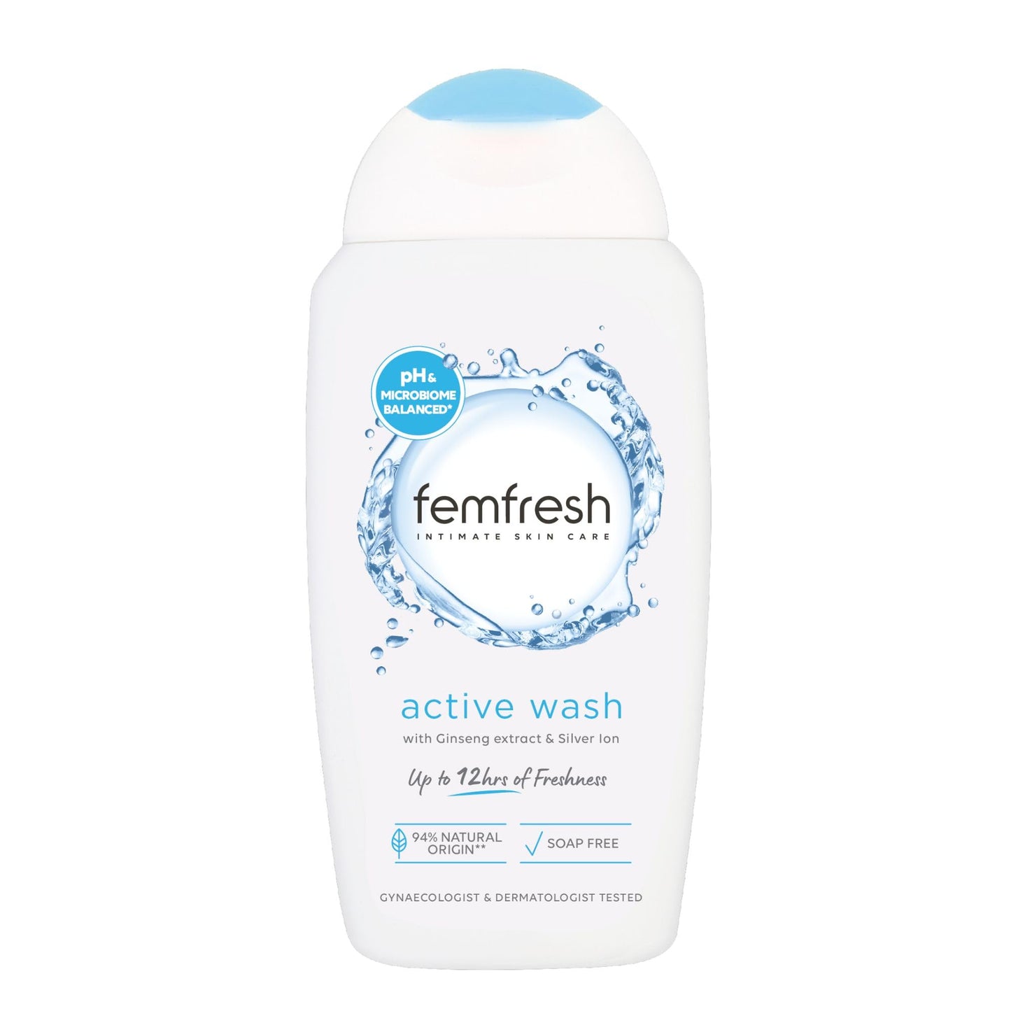 Femfresh Ultimate Care Active Vaginal Wash - Intimate Feminine Hygiene Shower Gel Cleanser - pH Balanced, Soap Free, Fragrance Free Gel Formula with 12-hour Sweat Protection - 6 x 250ml Multi Pack