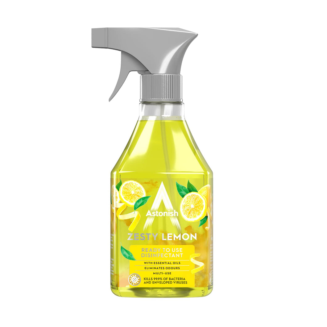 Astonish Vegan Disinfectant Spray, Ready to Use, Virus and Germ Killing, 550ml, Zesty Lemon,Yellow