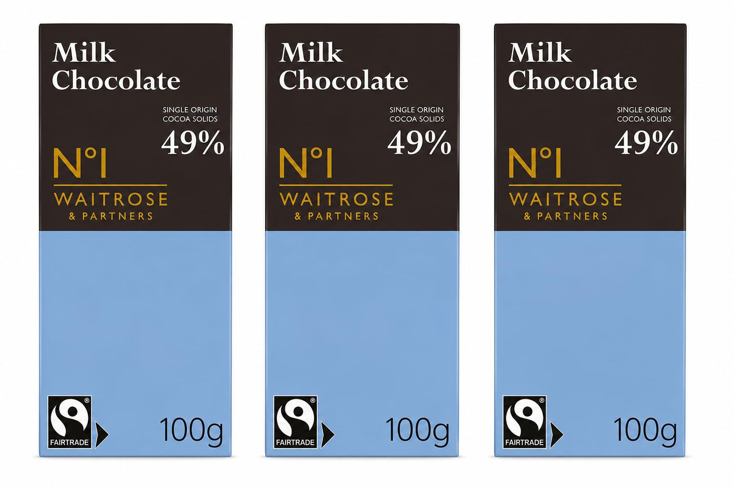 Waitrose No.1 Fairtrade Dominican Republic Milk Chocolate 100g, Pack of 3