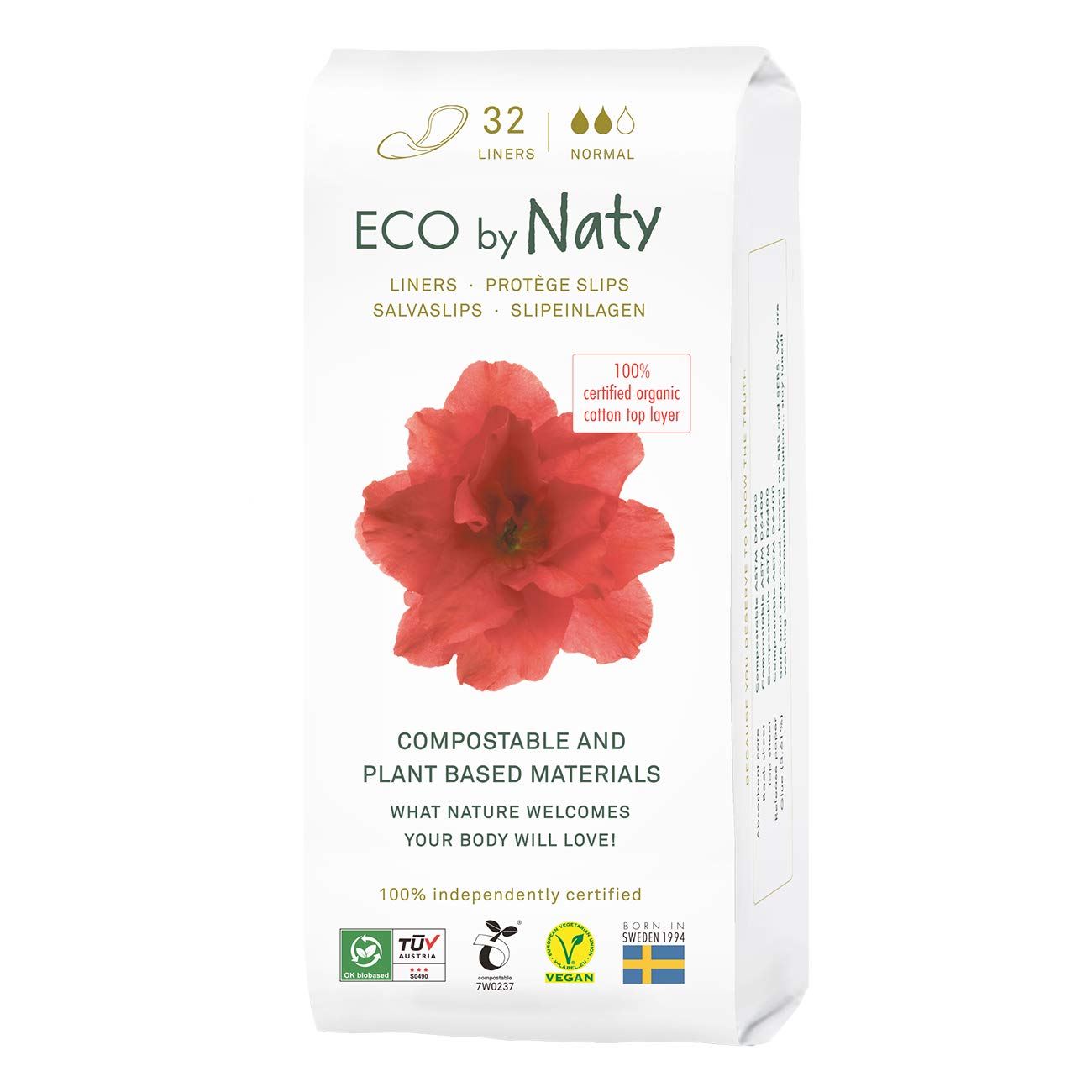Naty Panty Liners Wrapped | 100% Certified Organic Cotton top Sheet| Certified Skin-Safe | Unscented, 0% Conventional Plastic | Comfortable & Breathable