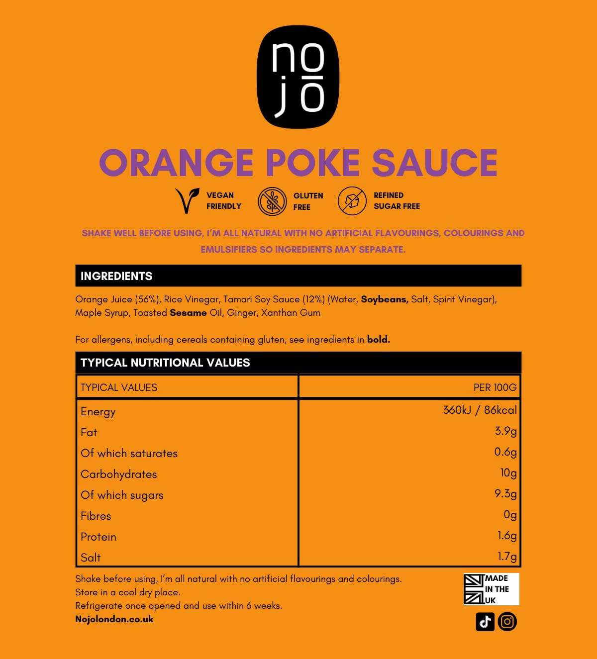 Poke Sauce with Orange Juice and Sesame Oil for Poke Bowl & Marinade | Non-GMO & No Added Sugar | Gluten Free, Nut-Free, Vegan | 200ml x 1 Recycled Glass Bottle I NOJŌ Orange Poke Sauce