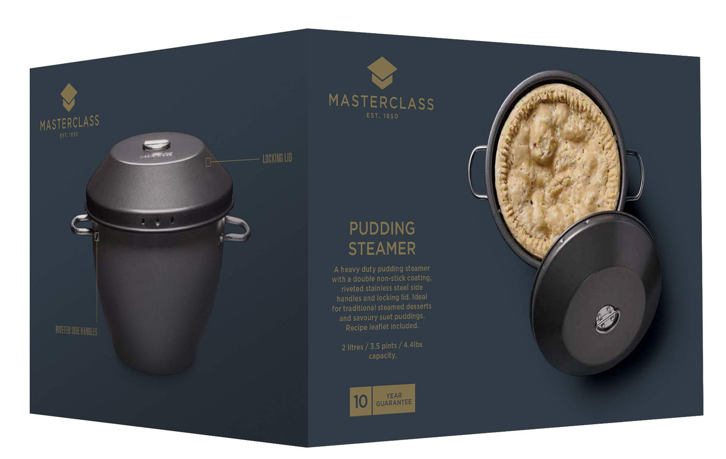 MasterClass Non Stick Pudding Steamer with PTFE, PFOA and BPA Free Non Stick in Gift Box, Robust Carbon Steel, 2 Litre