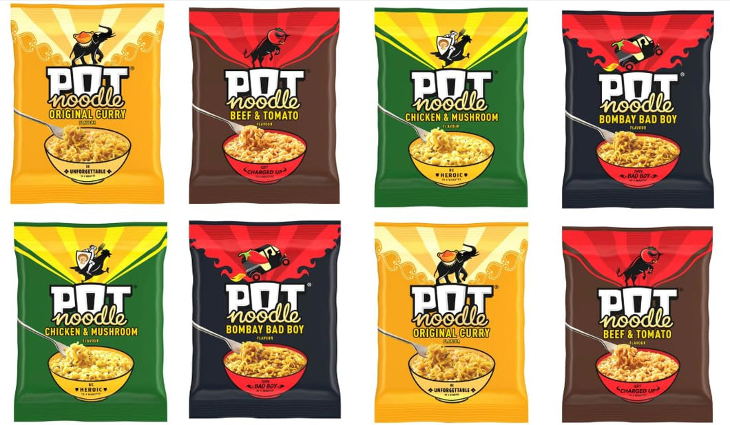 Pot Noodle Variety Pack, Instant Noodles, Original Curry, Beef & Tomato, Chicken & Mushroom, Bombay Bad Boy Flavours - (Pack of 8)