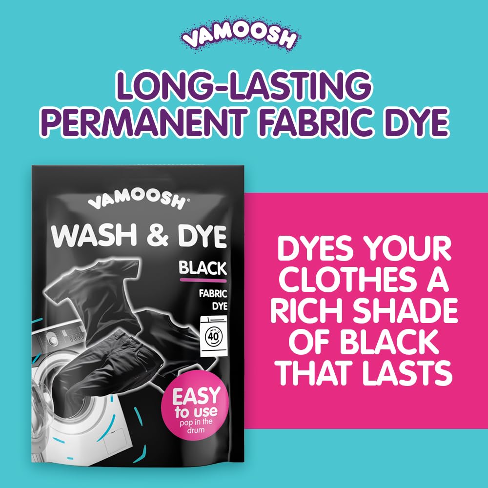Vamoosh Wash & Dye Black 350g, Intense Black Dye for Clothes - Easy to Use Fabric Colour for Washing Machine, Just Pop in The Drum for Fresh-Looking Results