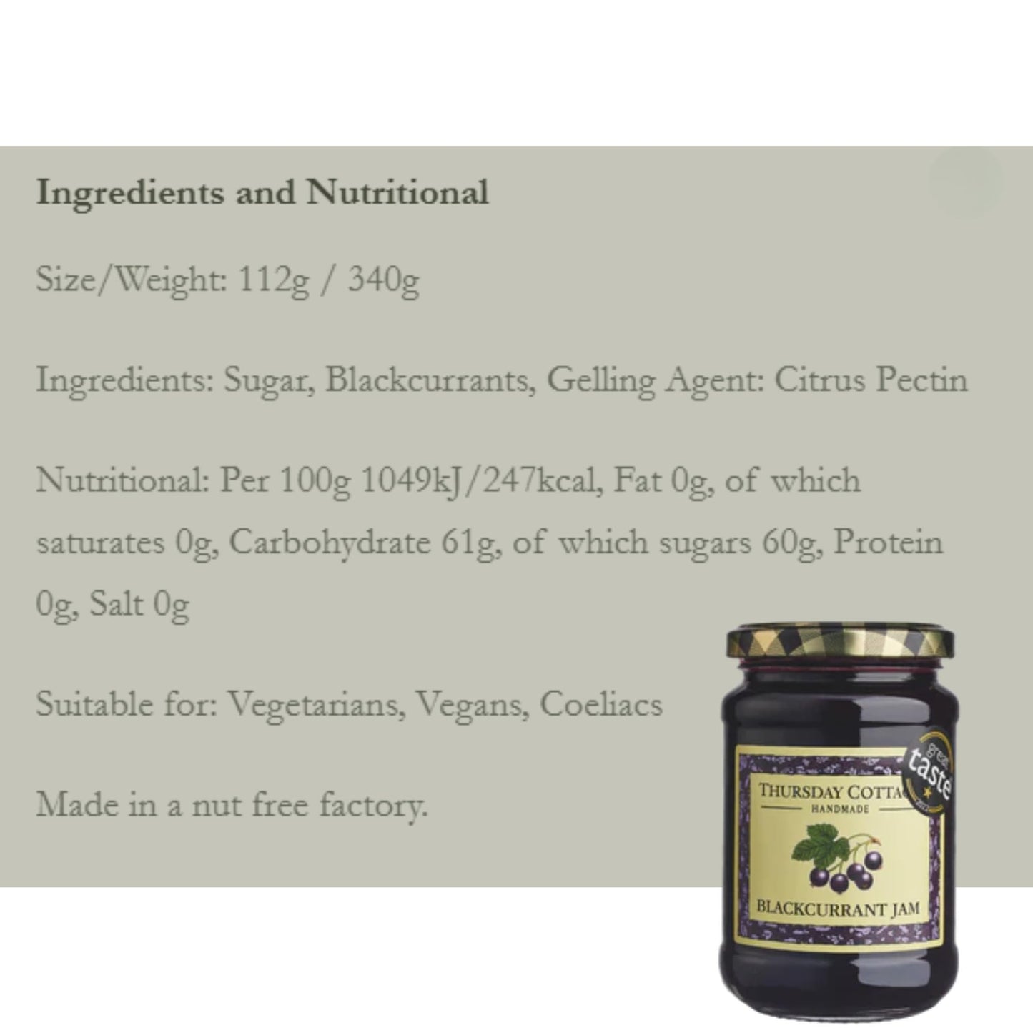 Thursday Cottage Blackcurrant Jam 112g Sweet & Tangy Preserve