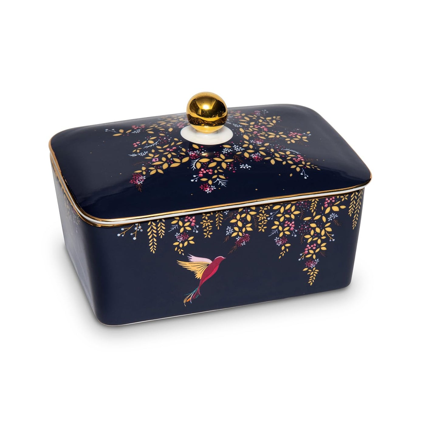 Portmeirion x Sara Miller London Butter Dish - Navy Blue Ceramic Butter Dish with Lid, 22ct Gold Detailing, Suitable Gift for Farmhouse and Kitchen Lovers
