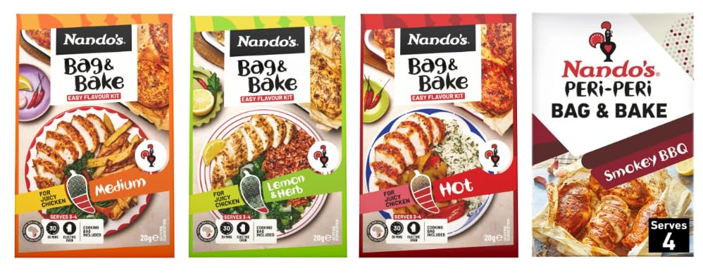 Nando's Bag & Bake Easy Flavour Kit, Medium, Lemon & Herb, Hot, Smokey BBQ, Peri-Peri, for Juicy Chicken