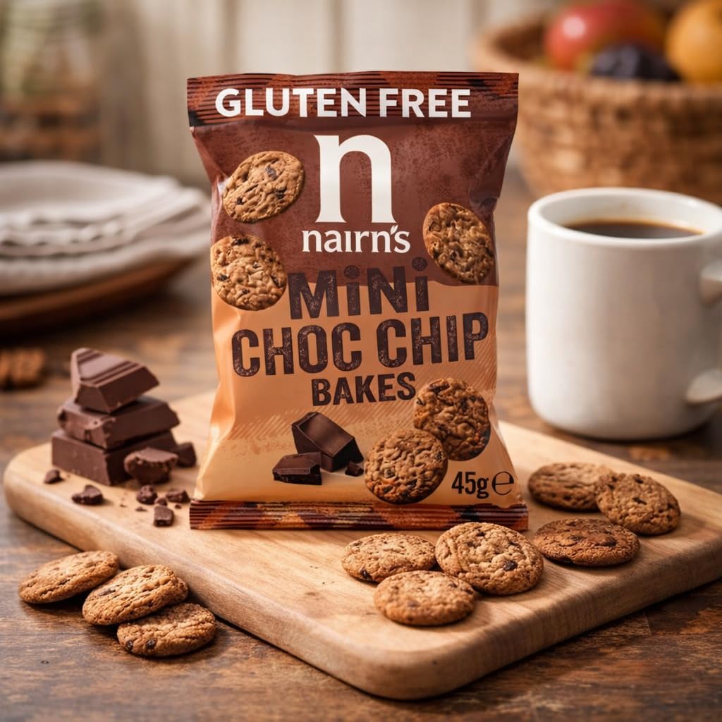 Nairn's Gluten Free Mini Choc Chip Bakes - 45g (Pack of 12) - Wholegrain Oats - Source of Fibre - Healthy Cheese Snacks - Suitable for Coeliacs