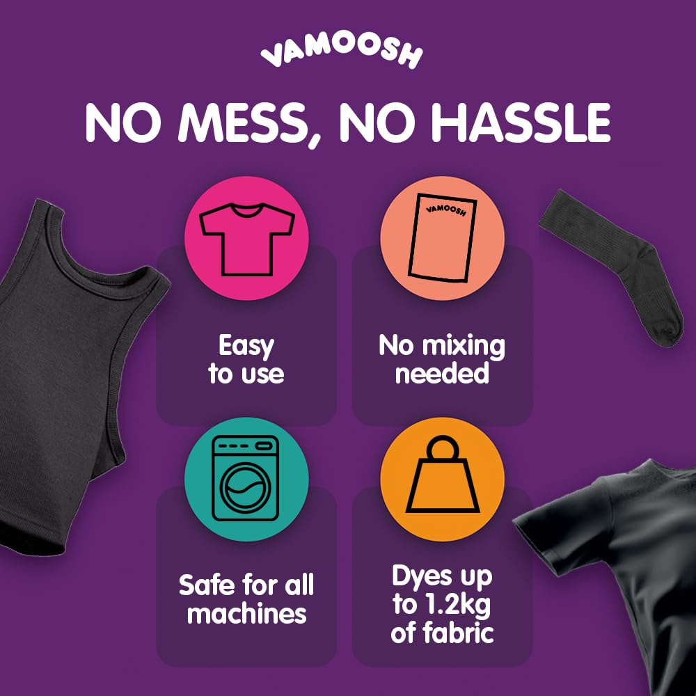 Vamoosh Wash & Dye Black 350g, Intense Black Dye for Clothes - Easy to Use Fabric Colour for Washing Machine, Just Pop in The Drum for Fresh-Looking Results