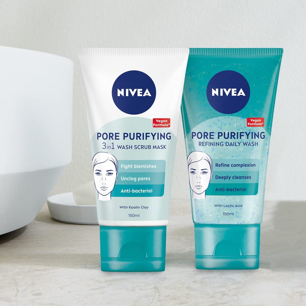 NIVEA PURIFY PORES Daily Wash Scrub (150 ml), Purifying Face Scrub, Facial Scrub Prevents Blackheads, Exfoliating Scrub with Natural Magnolia Extract and Lactic Acid