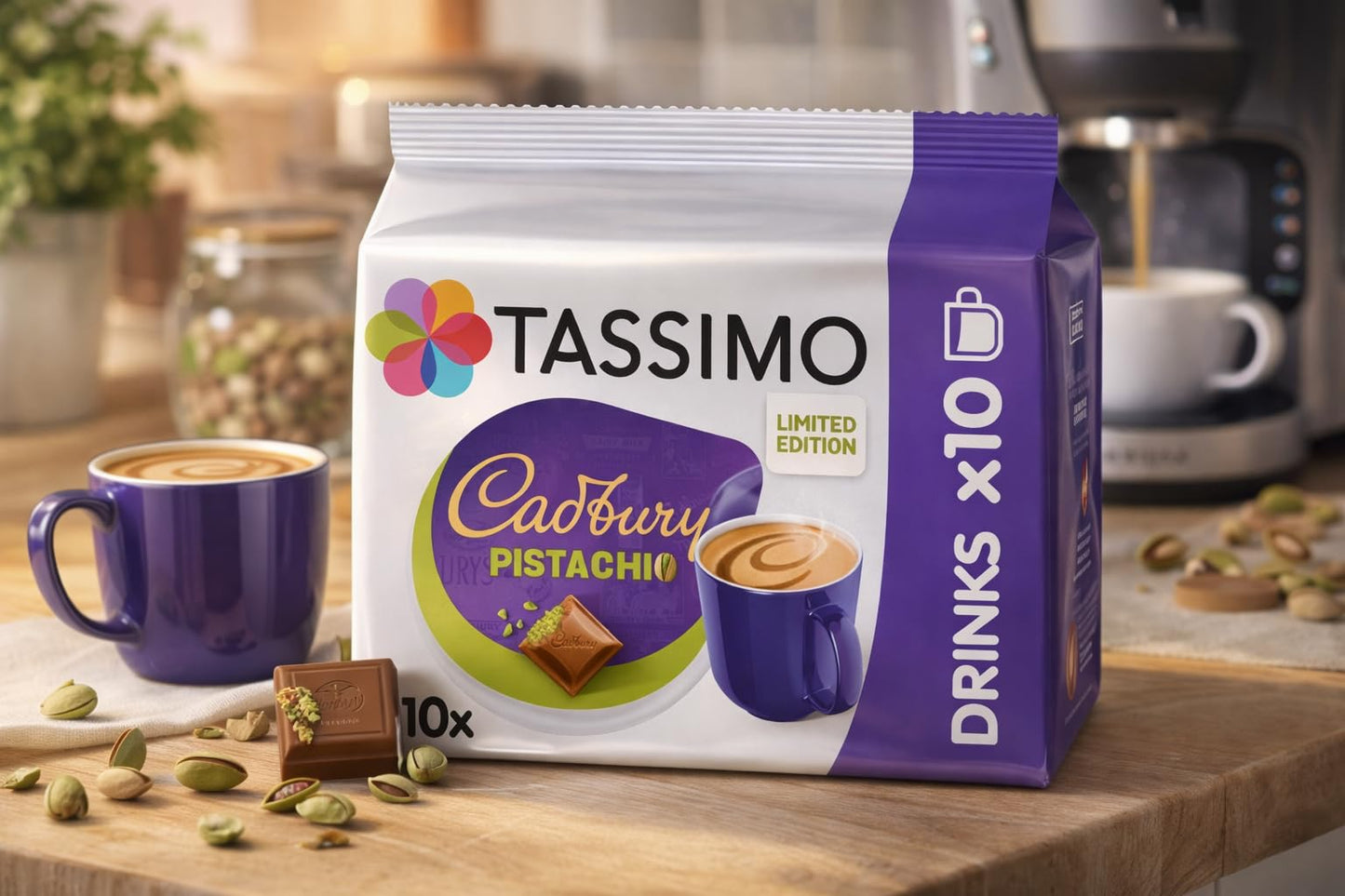 Tassimo Cadbury Pistachio Coffee Pods x10 (Pack of 1, Total 10 Drinks) Chocolate Pistachio Flavour T DISCs, Creamy Hot Drink Capsules
