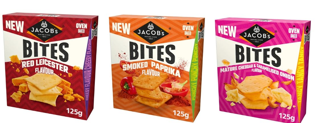 Jacob's Bites Oven Baked Crackers, Red Leicester, Smoked Paprika & Mature Cheddar Caramelised Onion, 125g