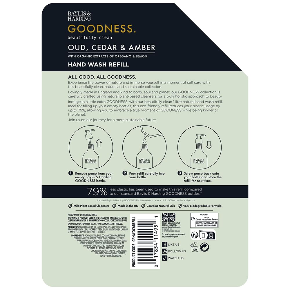 Baylis & Harding Goodness Oud, Cedar & Amber Natural Hand Wash 1 Litre