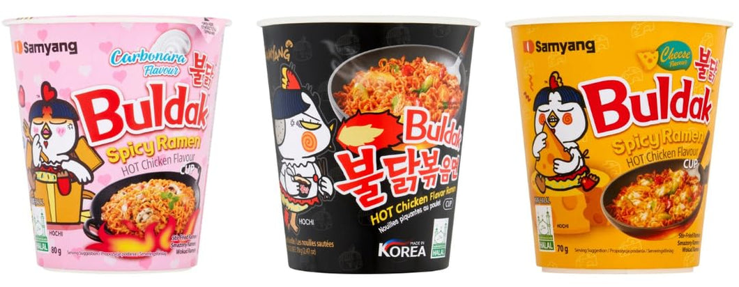 Samyang Buldak Spicy Ramen Cup, Hot Chicken Flavour, Carbonara, Cheese Varieties, Stir-Fried Noodles