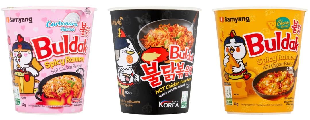 Samyang Buldak Spicy Ramen Cup, Hot Chicken Flavour, Carbonara, Cheese Varieties, Stir-Fried Noodles
