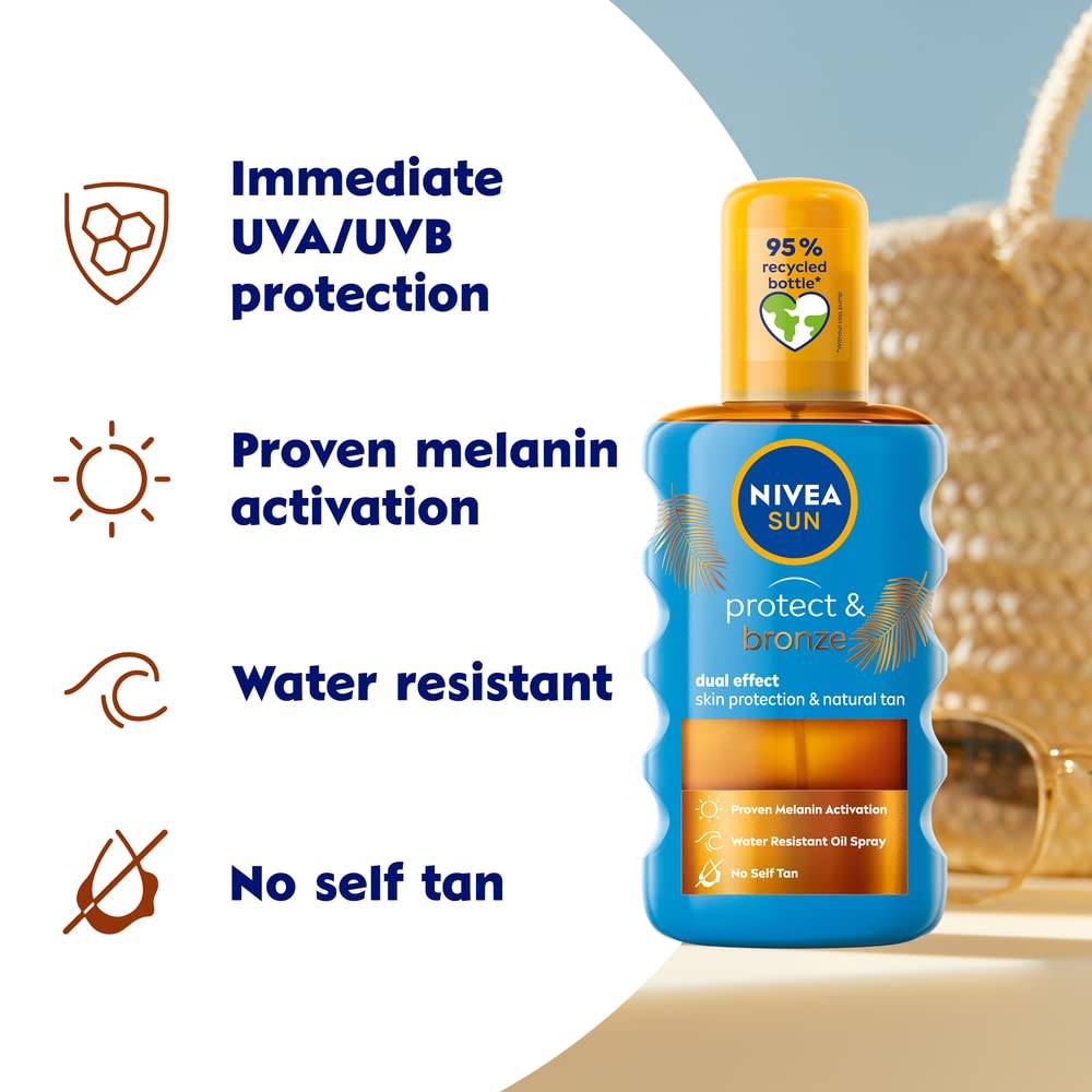 NIVEA SUN Protect & Bronze Sun Spray Oil (200 ml), Bronzing Tanning Oil Spray with SPF20, Advanced Suncream Protection, Natural Pro-Melanin Extract