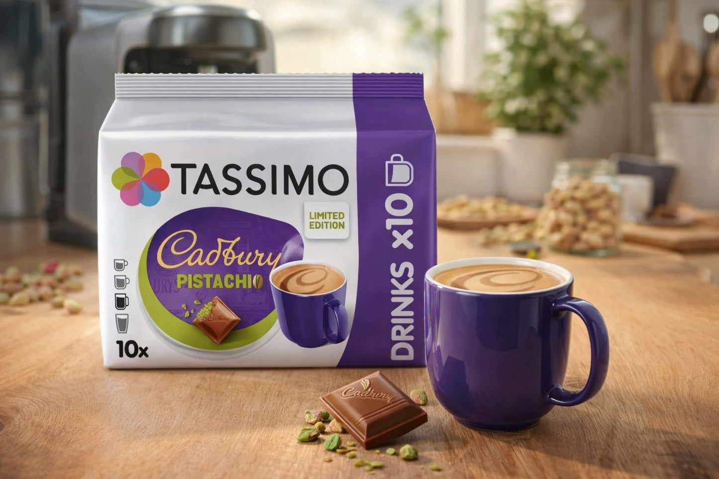Tassimo Cadbury Pistachio Coffee Pods x10 (Pack of 1, Total 10 Drinks) Chocolate Pistachio Flavour T DISCs, Creamy Hot Drink Capsules