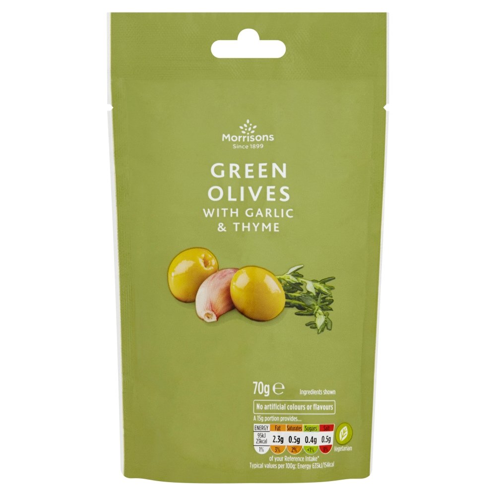 Morrisons Pitted Green Olives with Garlic and Thyme, 70g