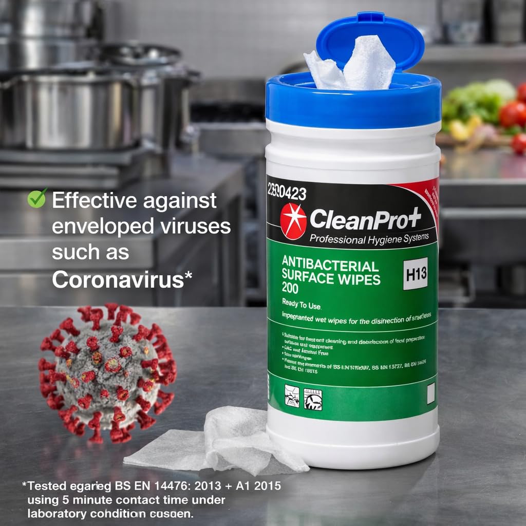 CleanPro+ Antibacterial Surface Wipes, Food Safe, Alcohol-Free, Ready to Use, 200 Wipes