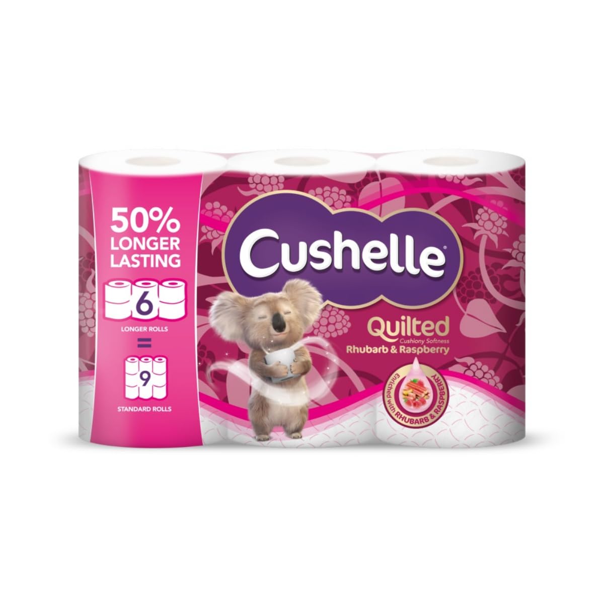 Cushelle Quilted Raspberry & Rhubarb 50% Longer Lasting Toilet Tissue 6 Equals 9 Regular Rolls