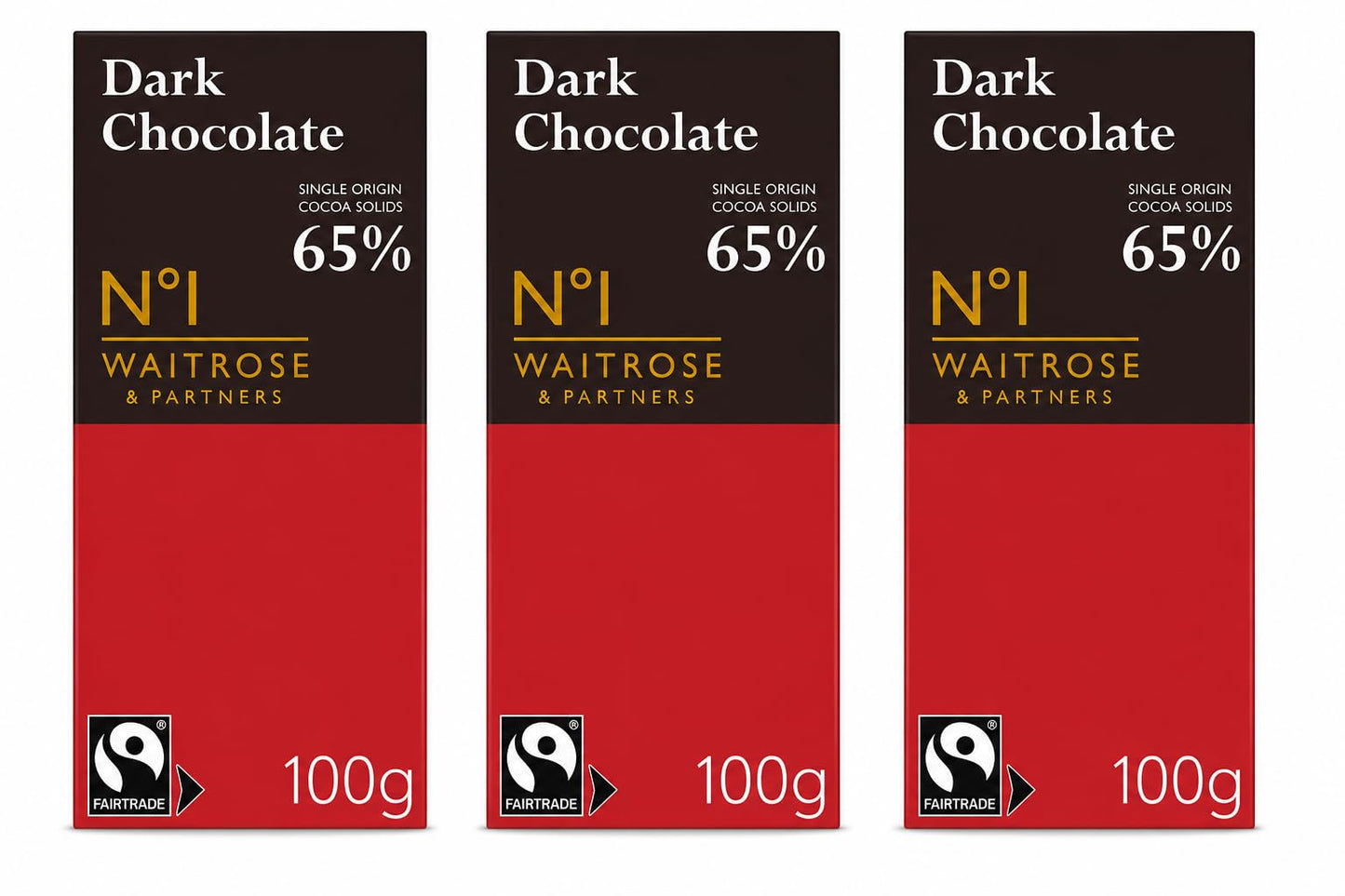 Waitrose No.1 Dark Chocolate 65% 100g, Pack of 3