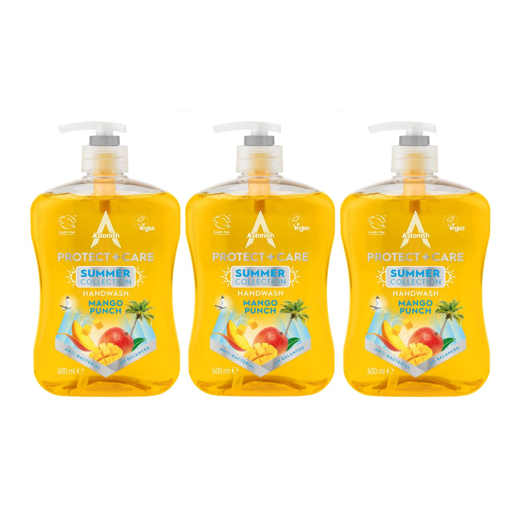 Astonish Protect & Care Anti-Bacterial Hand Wash - Moisturising and Kind to Skin Soap - Vegan and Cruelty Free - Mango Punch Summer Collection - Multipack 3 x 600ml