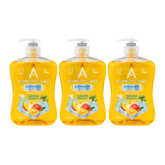 Astonish Protect & Care Anti-Bacterial Hand Wash - Moisturising and Kind to Skin Soap - Vegan and Cruelty Free - Mango Punch Summer Collection - Multipack 3 x 600ml
