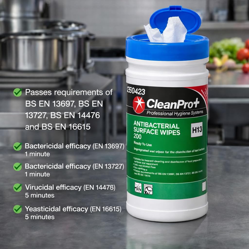 CleanPro+ Antibacterial Surface Wipes, Food Safe, Alcohol-Free, Ready to Use, 200 Wipes