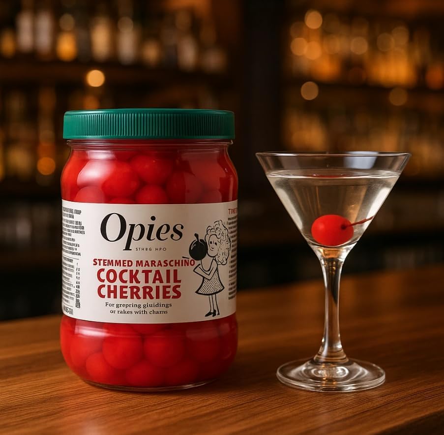 Opies Stemmed Maraschino Cocktail Cherries 1.15 kg – Pack of 3 - Premium Bright Red Cocktail & Garnish Cherries in Flavoured Maraschino Syrup